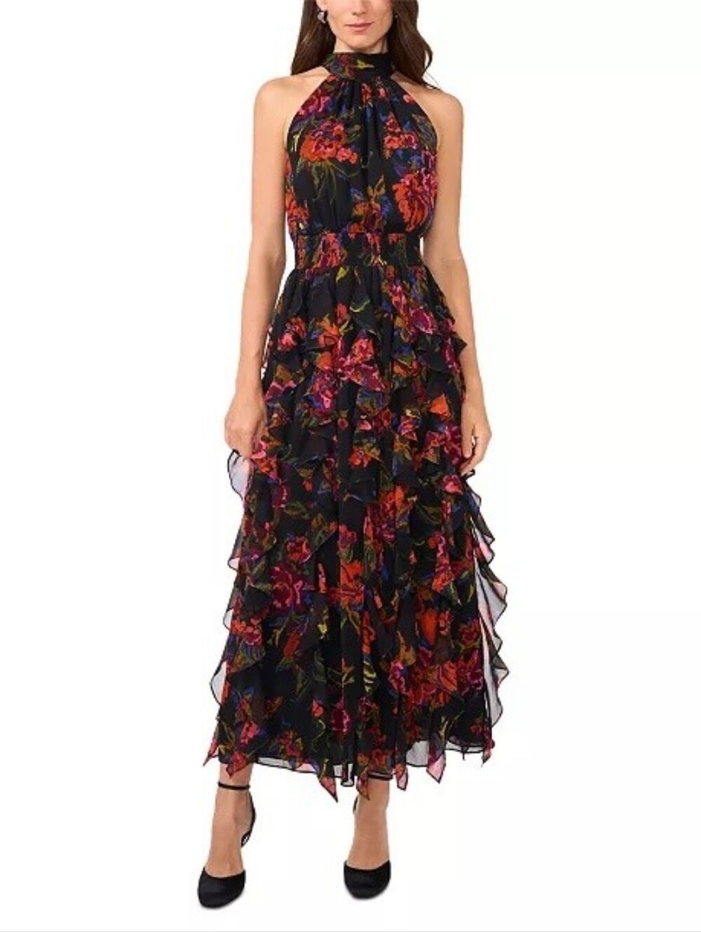 1. State Women's Floral Smocked Cascade Ruffle Halter Maxi Dress tiers red small